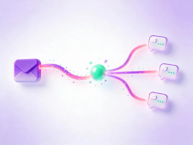 Illustration of an inbox automatically sorting incoming messages into separate routed tickets